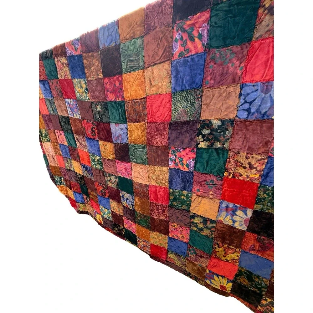 Vtg Velvet Patchwork Quilt Bedspread‎ Q/King Boho Cozy Cottage Witchy READ